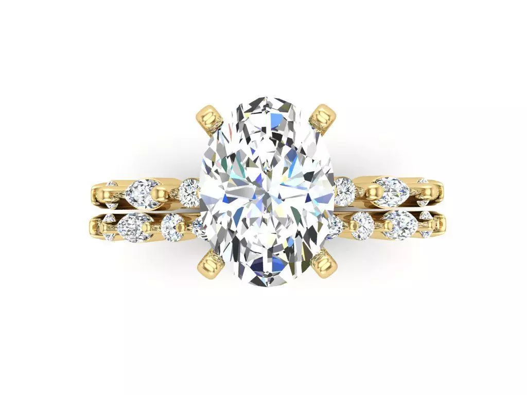 Oval Solitaire Bridal Set With separate files for wedding band  3D print model_0