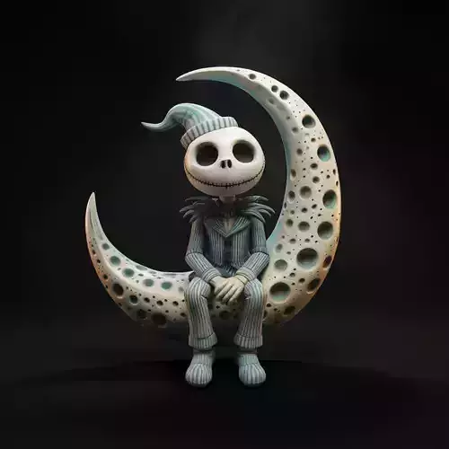 Jack Skull Style Moon Figure Spooky Skeleton on Crescent Moon