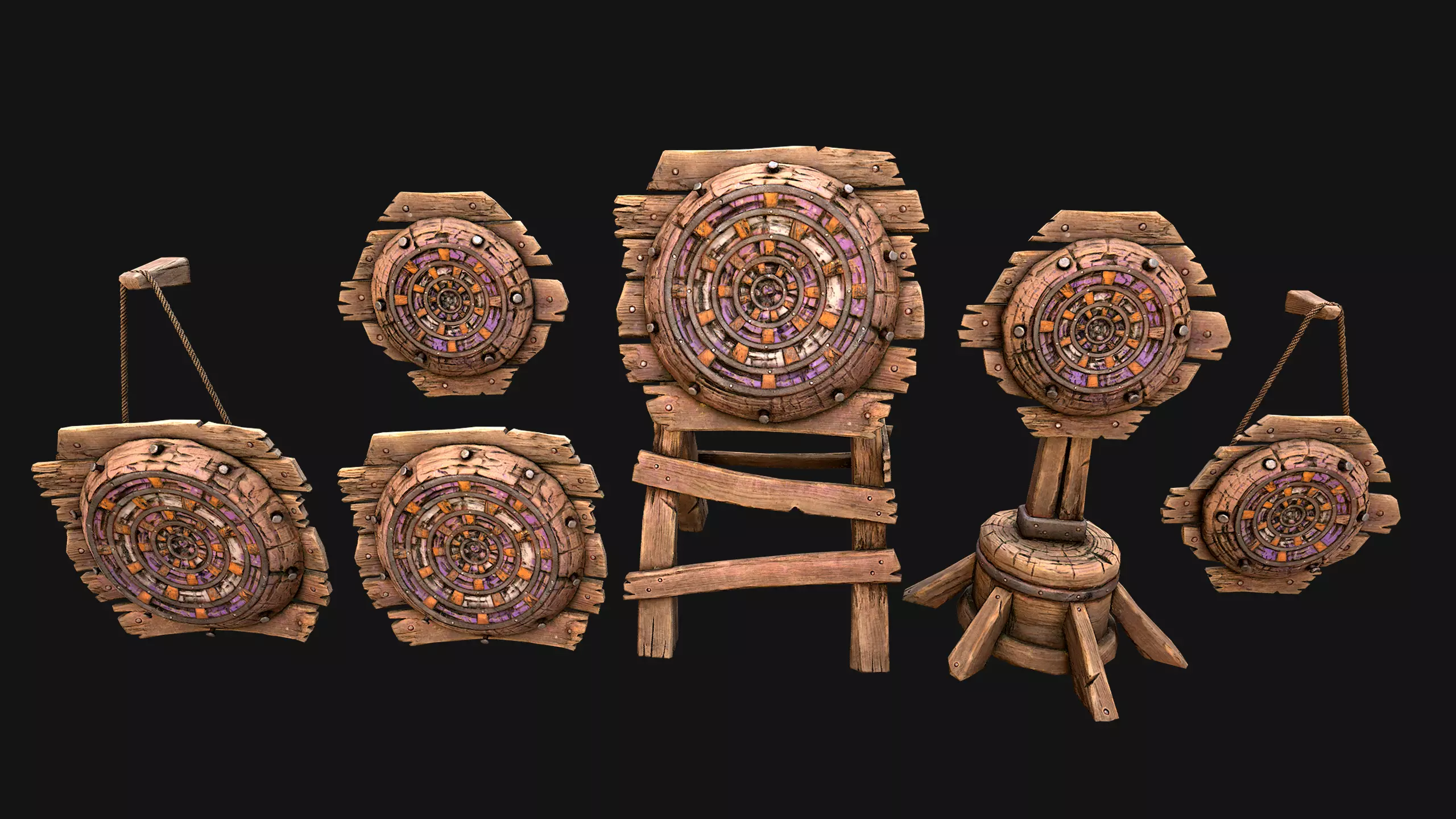 Medieval Wooden Target Dartboard Shooting Range Furniture Low-poly 3D model_3