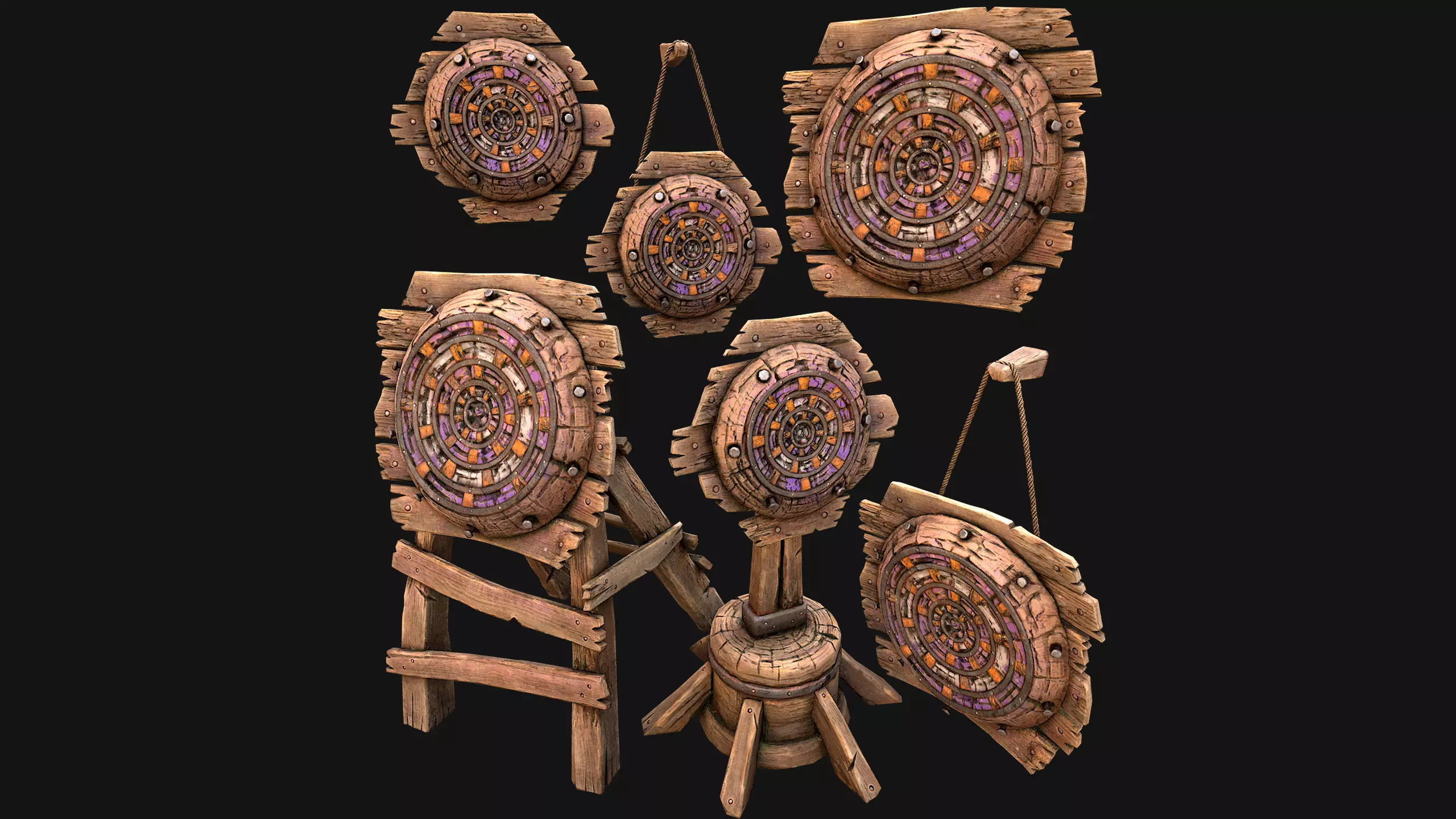 Medieval Wooden Target Dartboard Shooting Range Furniture Low-poly 3D model_6