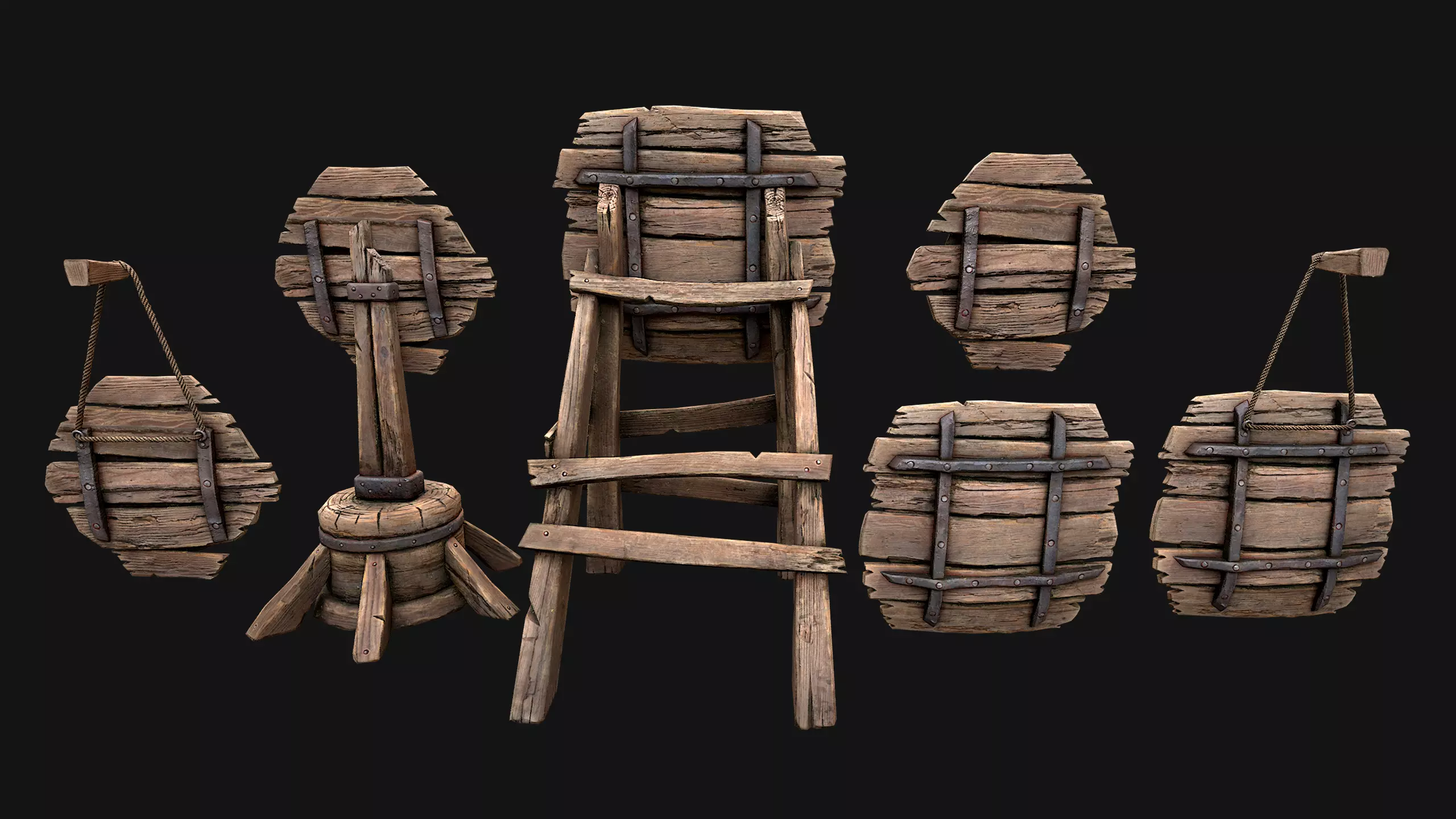 Medieval Wooden Target Dartboard Shooting Range Furniture Low-poly 3D model_4