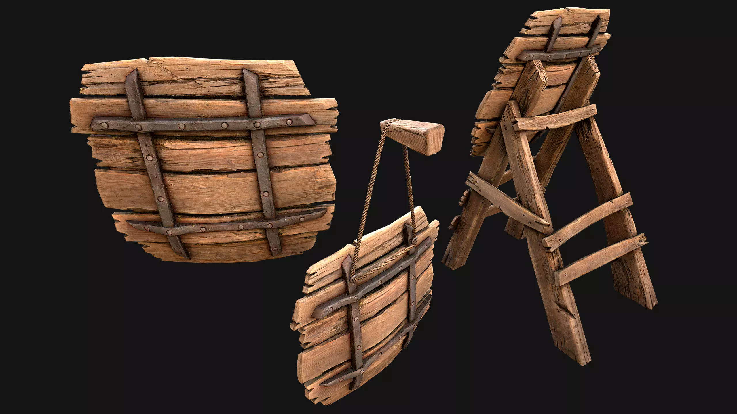 Medieval Wooden Target Dartboard Shooting Range Furniture Low-poly 3D model_11