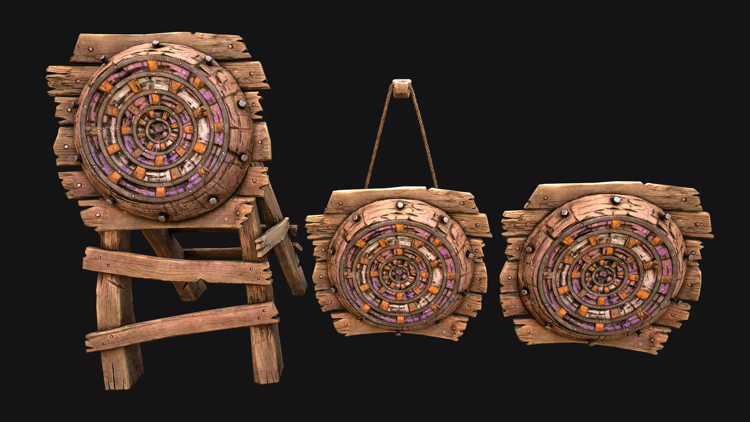 Medieval Wooden Target Dartboard Shooting Range Furniture Low-poly 3D model_7