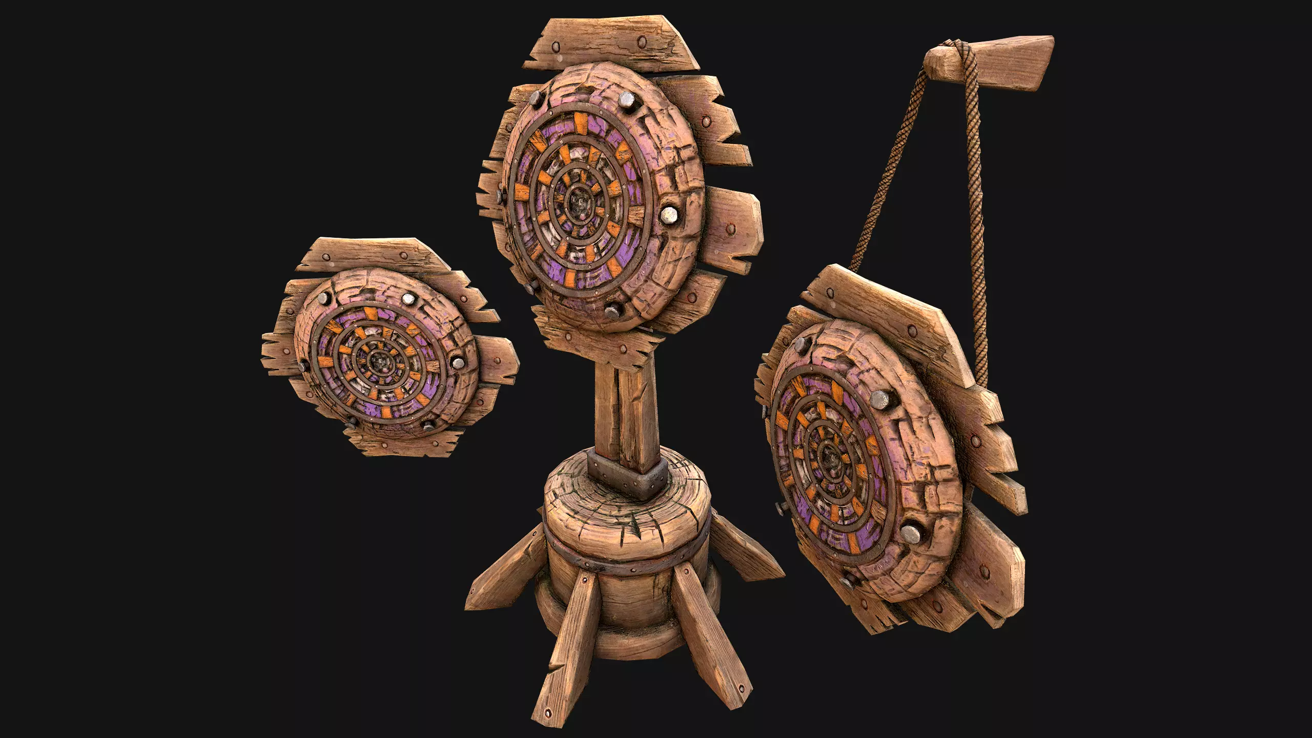 Medieval Wooden Target Dartboard Shooting Range Furniture Low-poly 3D model_10