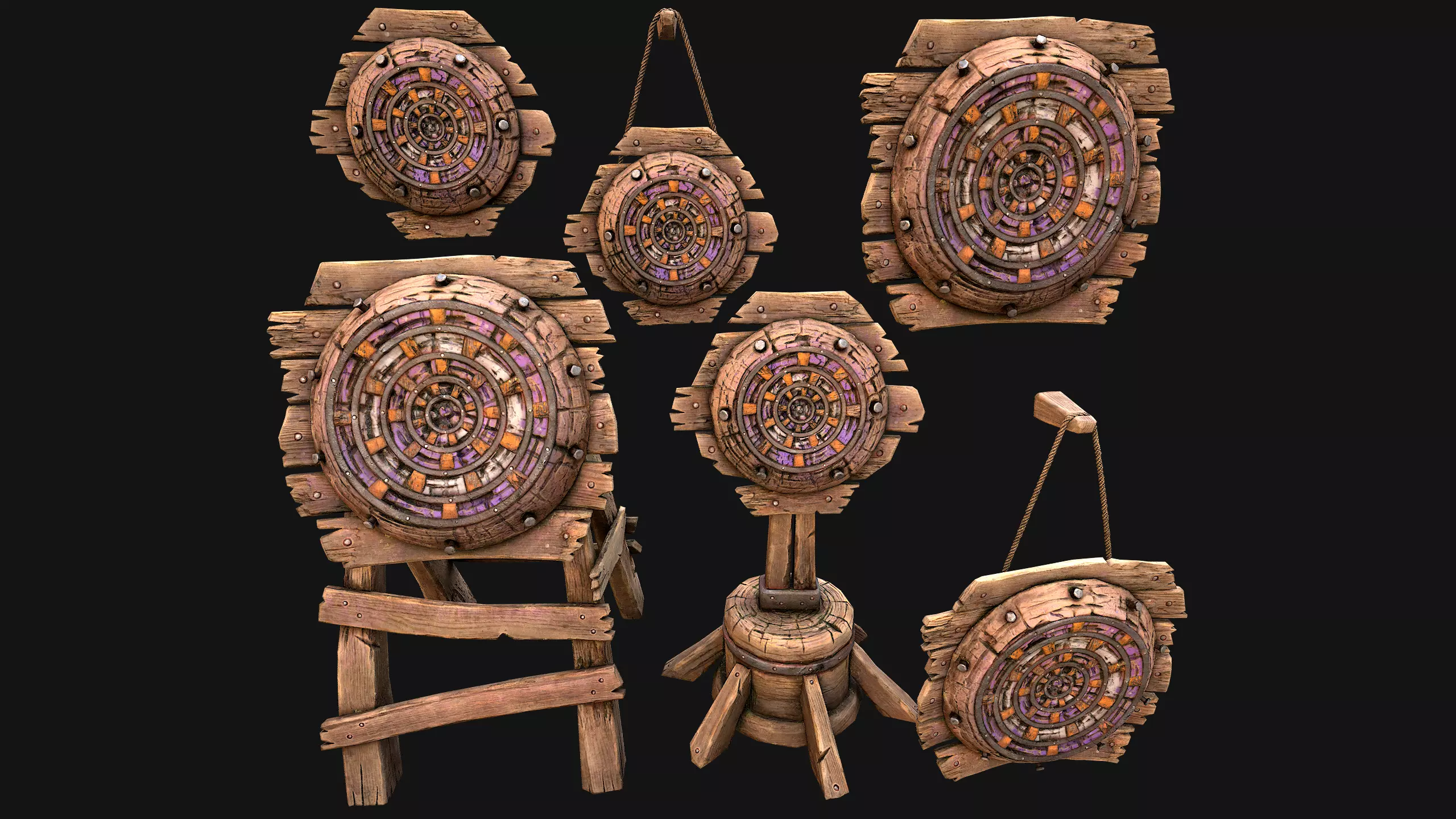 Medieval Wooden Target Dartboard Shooting Range Furniture Low-poly 3D model_5