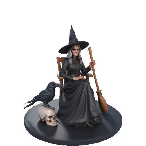 2908 Elegant Witch with Broom Raven and Skull Color 3D print model_11