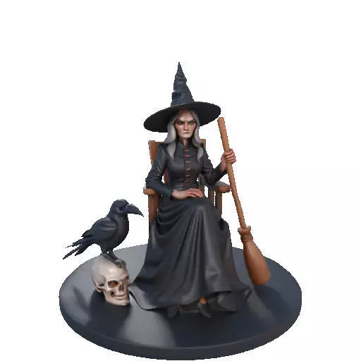 2908 Elegant Witch with Broom Raven and Skull Color 3D print model_10