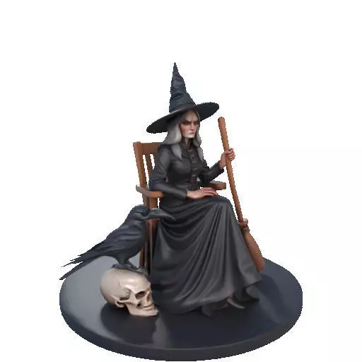 2908 Elegant Witch with Broom Raven and Skull Color 3D print model_12