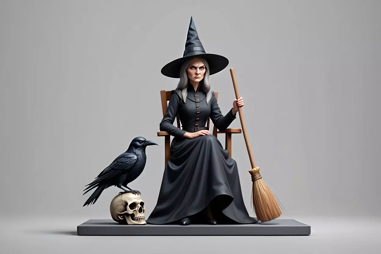 2908 Elegant Witch with Broom Raven and Skull Color 3D print model_4