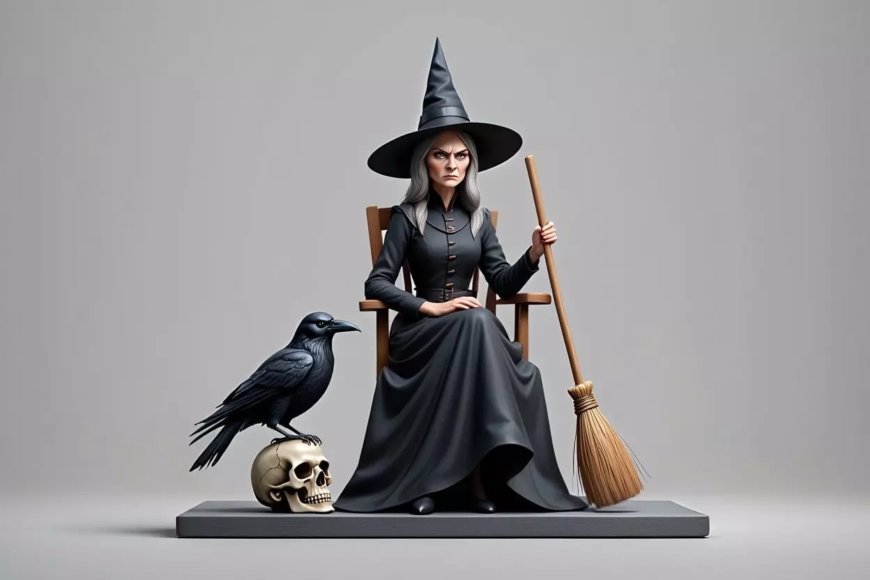 2908 Elegant Witch with Broom Raven and Skull Color 3D print model_3