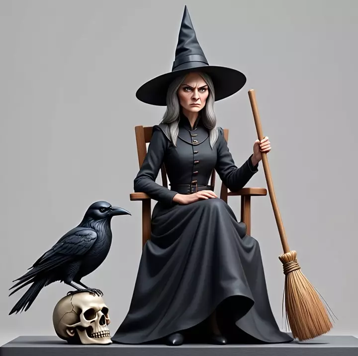 2908 Elegant Witch with Broom Raven and Skull Color 3D print model_5