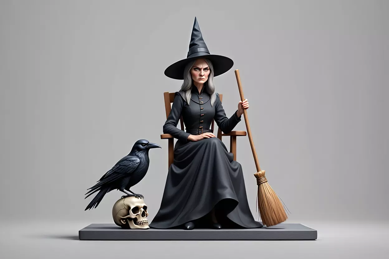 2908 Elegant Witch with Broom Raven and Skull Color 3D print model_2