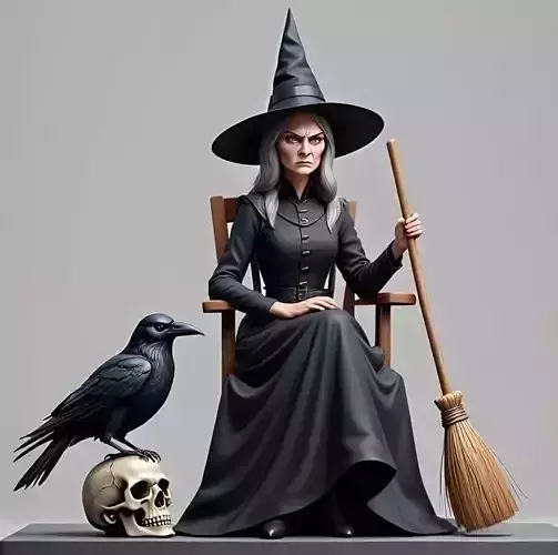 2908  Elegant Witch with Broom  Raven and Skull  Color 