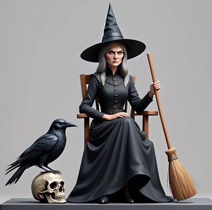 2908 Elegant Witch with Broom Raven and Skull Color 3D print model_8