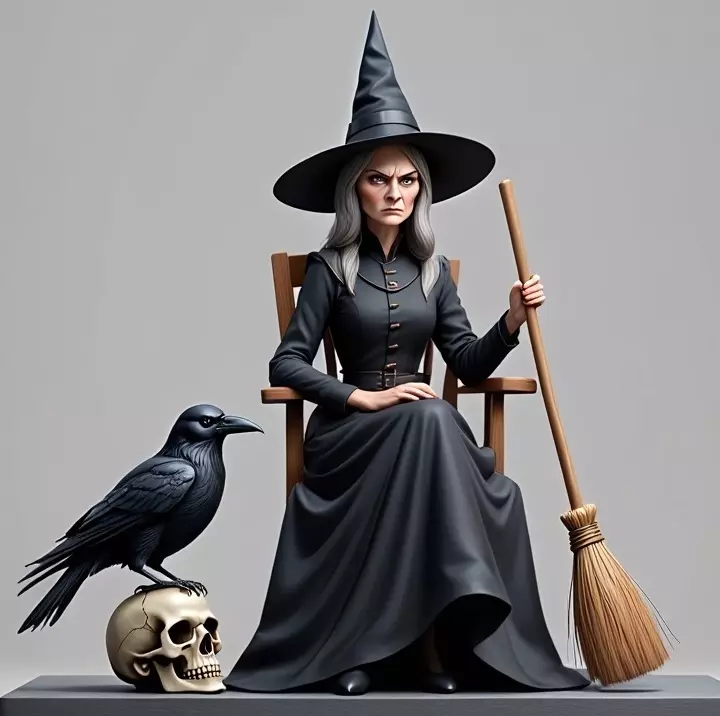 2908 Elegant Witch with Broom Raven and Skull Color 3D print model_1