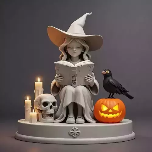 2909  Witch with Spell book  Skull  Raven and Pumpkin