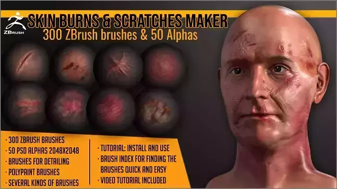 Skin Burns and Scratches Maker 300 ZBrush brushes and 50 alphas