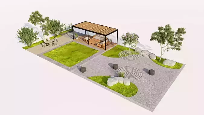 Modern Courtyard Design with Pergola and Zen Garden