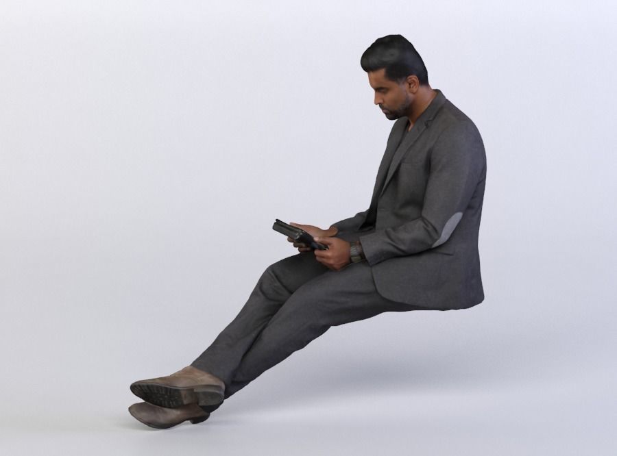 Amir 0439 Man in a Suit sitting, Looking at a Tablet 3D model_1