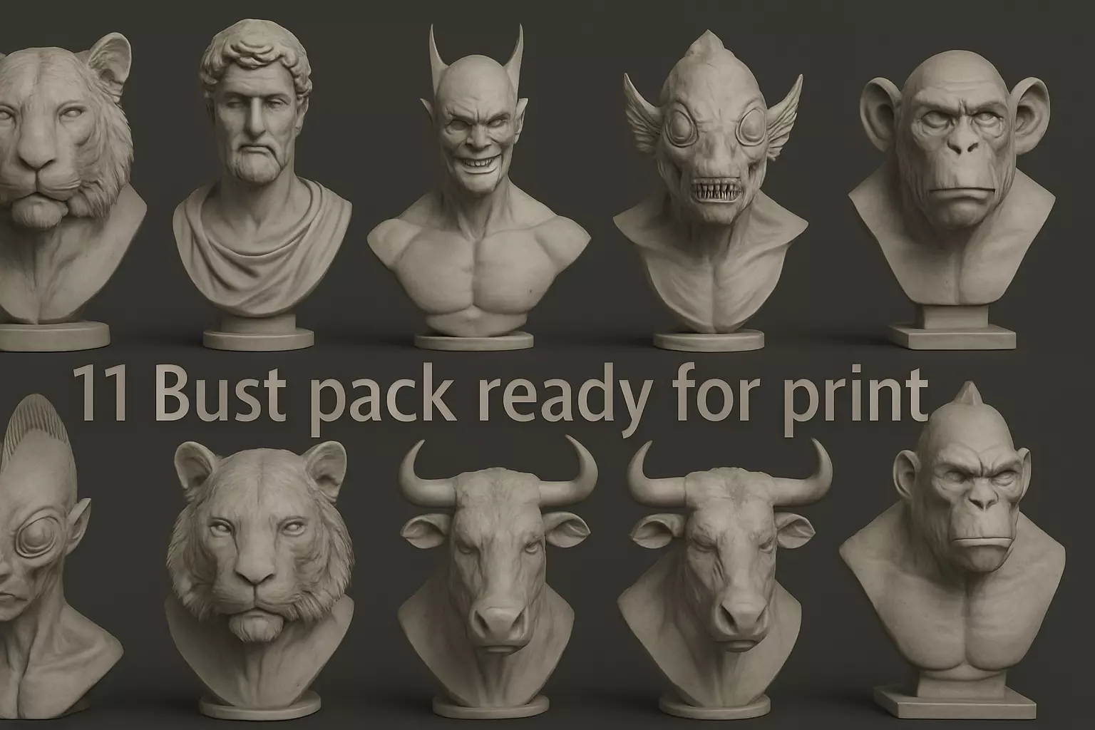11 Stylized Creature Bust Pack Ready For 3D Printing 3D print model_0