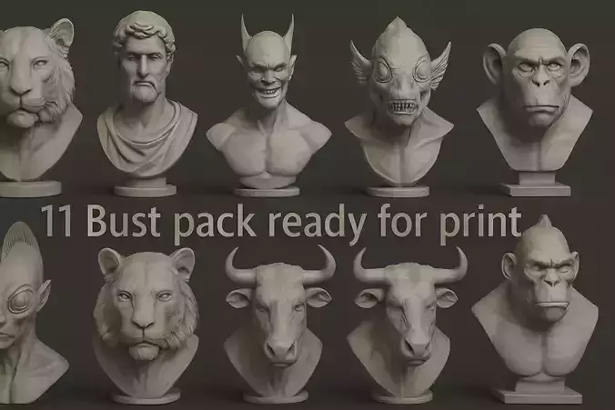11 Stylized Creature Bust Pack Ready For 3D Printing