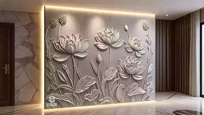 Lotus flowers wall art set relief STL panel carving CNC 259