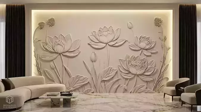 Lotus flowers wall art set relief STL panel carving CNC 259