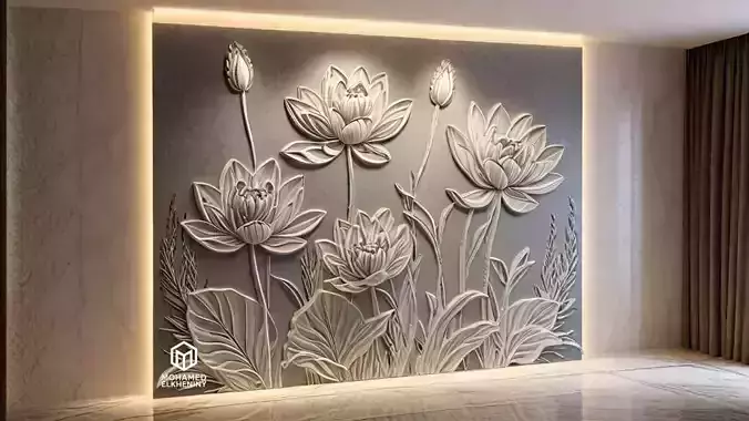 Lotus flowers wall art set relief STL panel carving CNC 260
