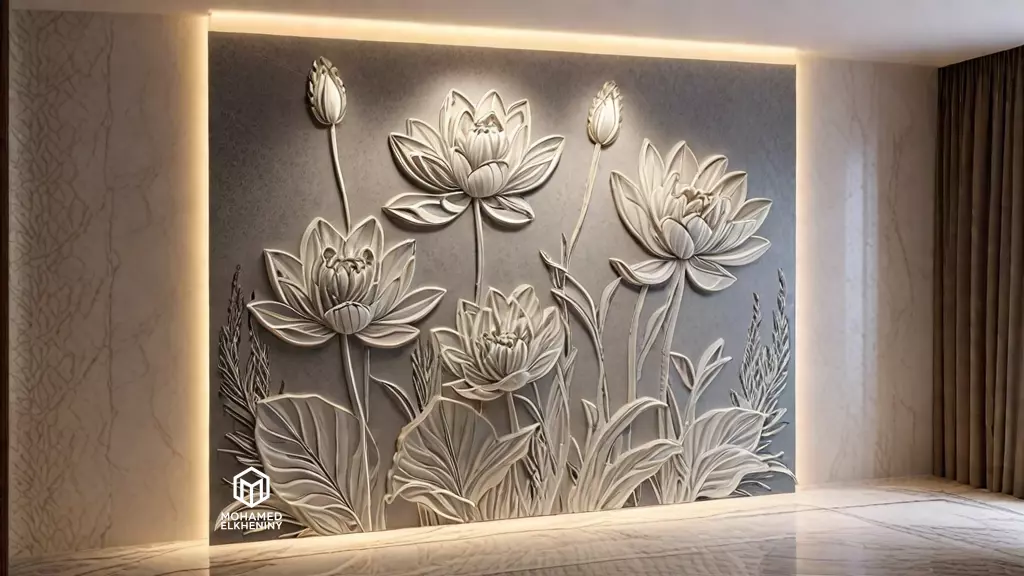 Lotus flowers wall art set relief STL panel carving CNC 260 3D model_0