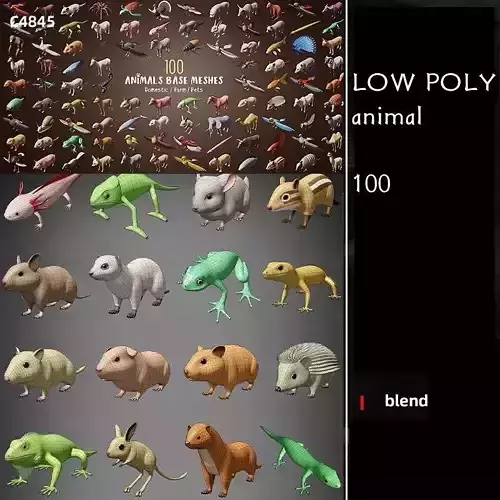 100 Low Poly Animals Base Meshes Pack Domestic Farm Pet Low-poly 3D model