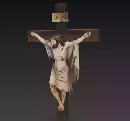 Crucified Jesus - Wooden Cross Sculpture 3D Model