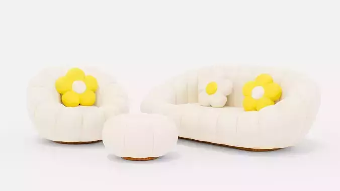 Cosy sofa couch with flower shape cushions and stool chair