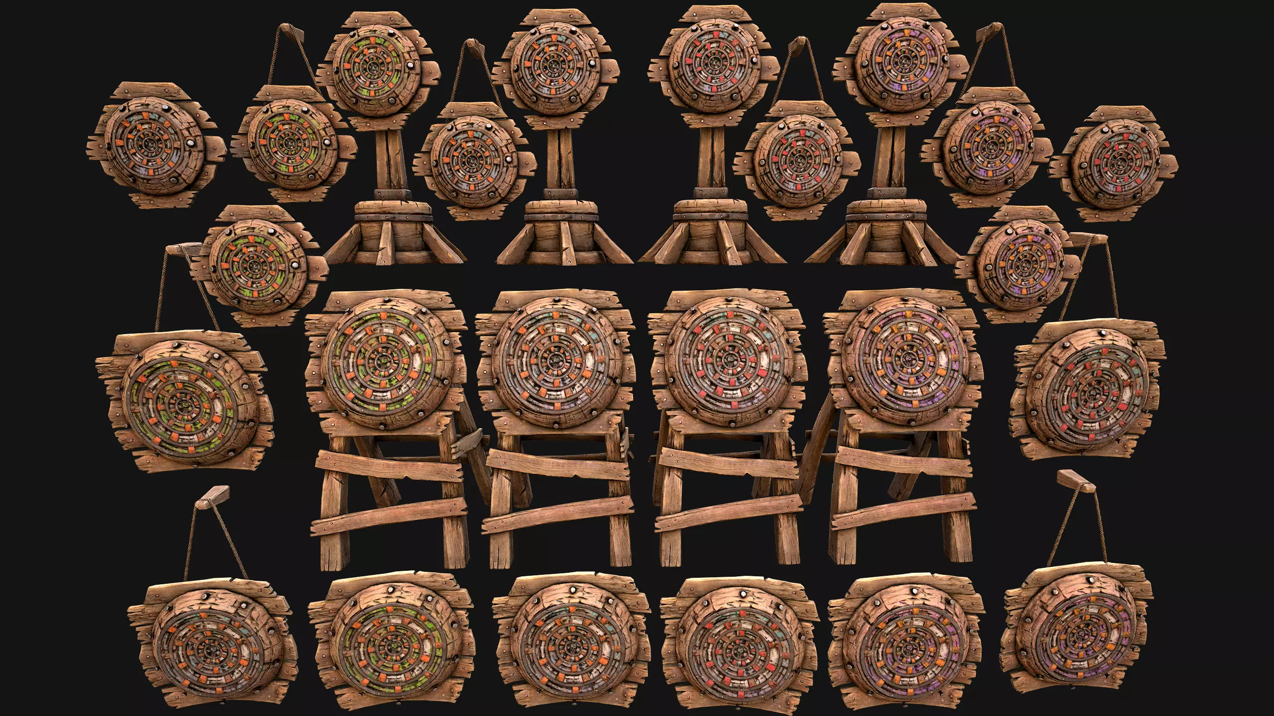 Medieval Wooden Target Dartboard Shooting Range Pack Low-poly 3D model