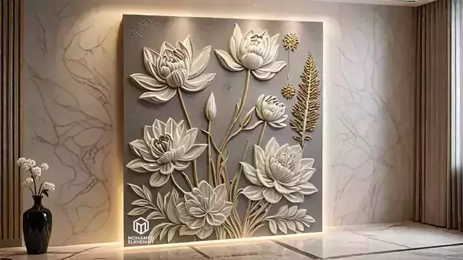 Lotus flowers wall art set relief STL panel carving CNC 261