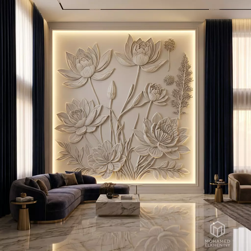Lotus flowers wall art set relief STL panel carving CNC 261 3D model