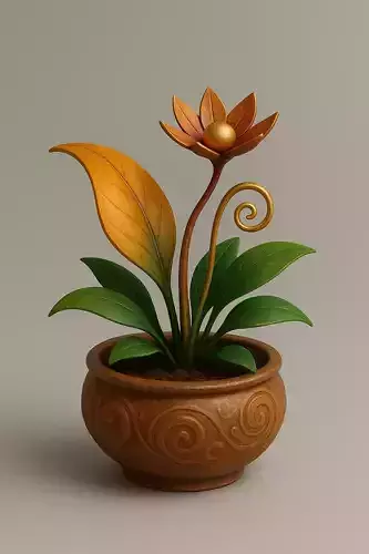 Stylized gOLD Fantasy Plant - Flower in Ornate Terra Cotta Pot