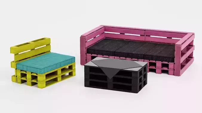 Pallet Furniture - Colorful Lounge Seating Set 3D model 4