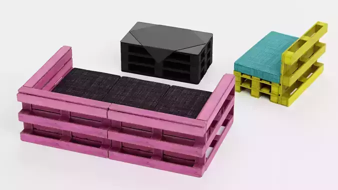 Pallet Furniture - Colorful Lounge Seating Set 3D model 6