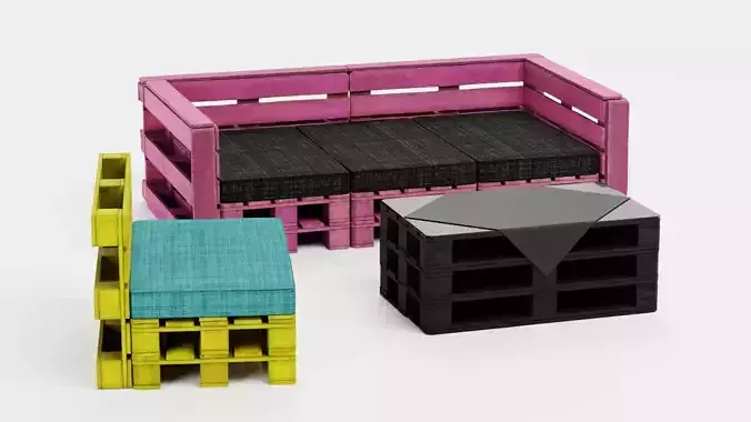 Pallet Furniture - Colorful Lounge Seating Set 3D model 2