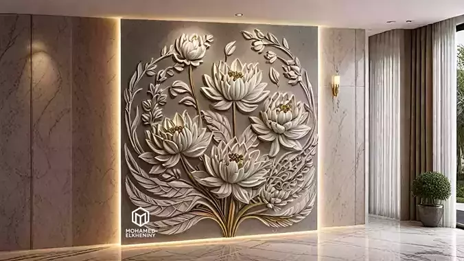 Lotus flowers wall art set relief STL panel carving CNC 262 