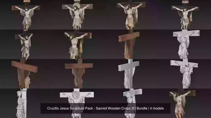 Crucifix Jesus Sculpture Pack - Sacred Wooden Cross 3D Bundle