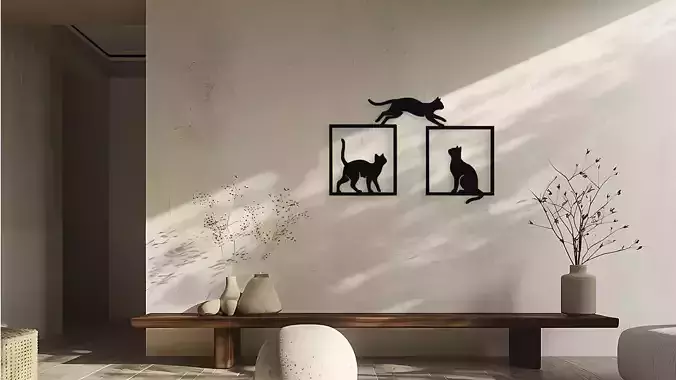 Cats Wall Decor Art Jumping Playing Silhouettes