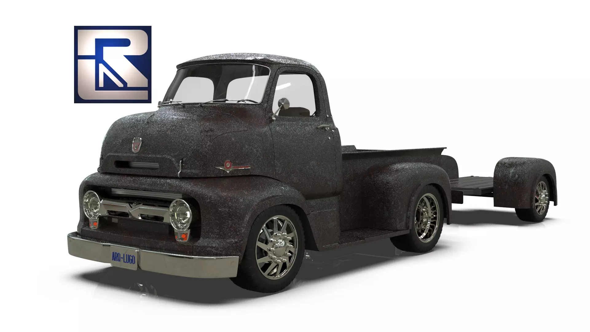 Mexican Style COE Pickup Truck with Motorcycle Trailer 3D model