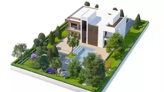 Contemporary House with Yard and Swimming Pool 3D Environment