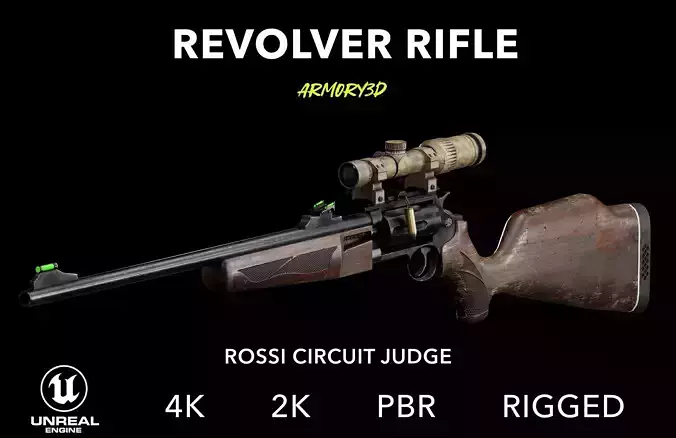 GAME READY REVOLVER RIFLE with SCOPE PBR RIGGED Low-poly 3D model