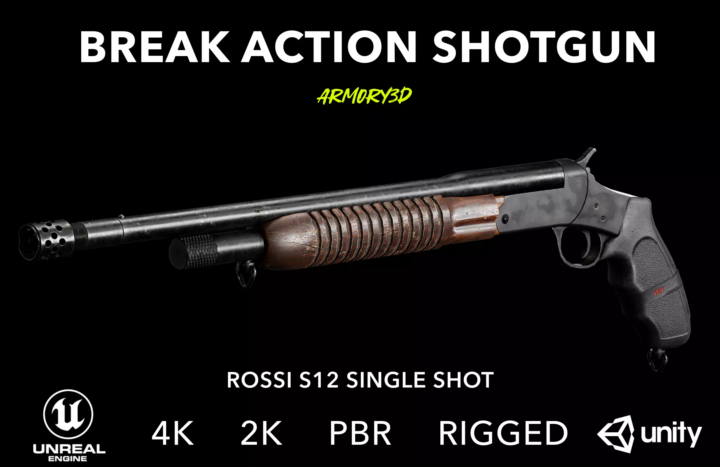 Game Ready Rossi S12 Shotgun PBR Rigged Low-poly 3D model