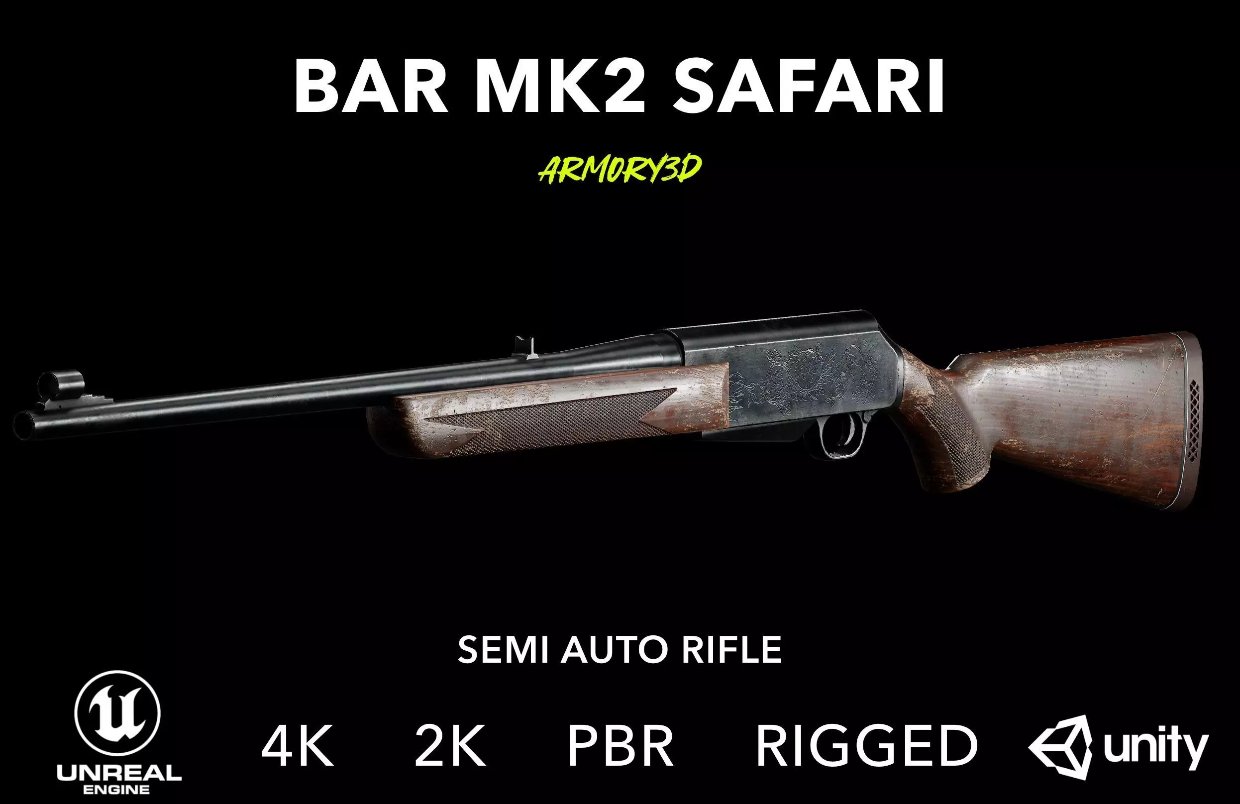 Game Ready BAR MK2 Safari Rifle PBR Rigged Low-poly 3D model