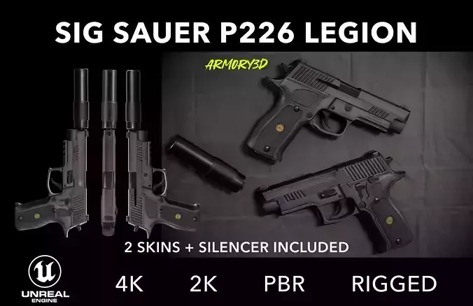 Game Ready Silenced SIG Sauer P226 Pistol PBR Rigged 