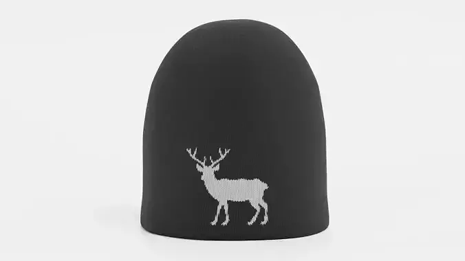 Winter Hat V5 - Dark Minimal Beanie with White Reindeer Design 3D model