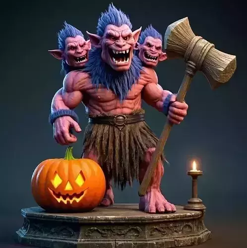 2920Three Headed Roaring Norwegian Troll 3D Printed Statue